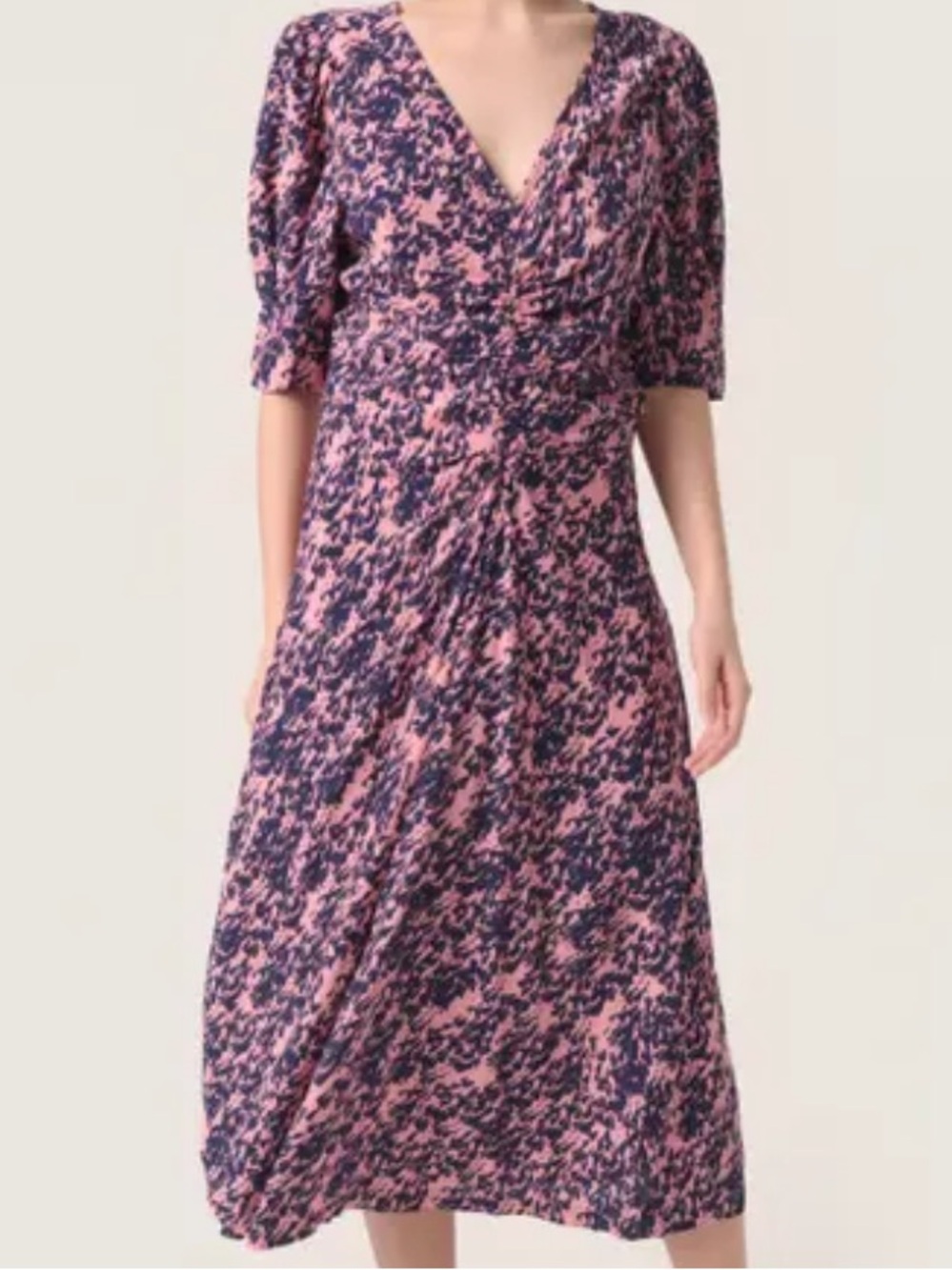 Soaked in Luxury SLSylvia V-Neck Pink and Navy Abstract Midi Dress Size Large